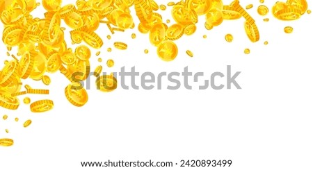 Chinese yuan coins falling. Scattered gold CNY coins. China money. Great business success concept. Wide vector illustration.