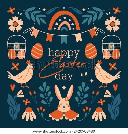 Happy Easter Day. Square Easter card, banner, invitation template. Vector illustrations with bunny, rabbit, easter eggs, hen, flower, plant, berries, bunting flags, rainbow, lettering. Flat design. 