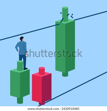 Man sees a high rising candlestick hitting the barrier, a metaphor for a positive breakout stock. Simple flat conceptual illustration.