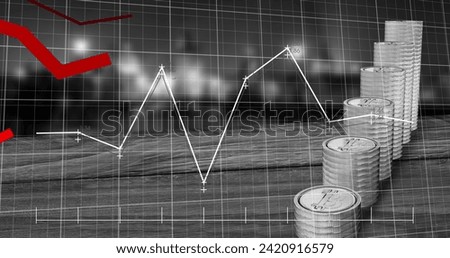 Image of financial data processing over stacks of silver coins. Global business, finances, computing and data processing concept digitally generated image.