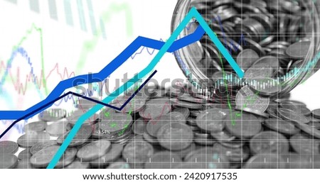 Image of financial data processing over jar with silver coins. Global business, finances, computing and data processing concept digitally generated image.