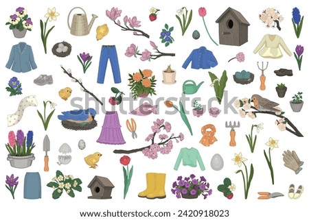 Spring time clipart collection. Set of berries, birds, gardening, plants, accessories, clothes. Cartoon vector illustrations isolated on white.