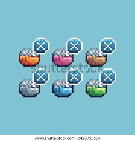 Pixel art sets icon of ramadhan no eating logo variation color. Dont eat icon on pixelated style. 8bits Illustration, perfect for design asset element your game ui. Simple pixel art icon asset.