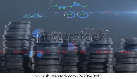 Image of financial data processing over stack of coins. Global business, finances, computing and data processing concept digitally generated image.