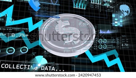 Image of financial data processing over silver american dollar coin. Global business, finances, computing and data processing concept digitally generated image.