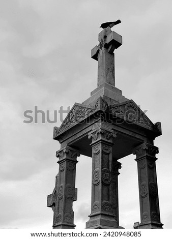 Black and white picture of a graveyard monument. A cross watches over, as a black bird, a raven observes, casting an eerie yet mesmerizing scene.