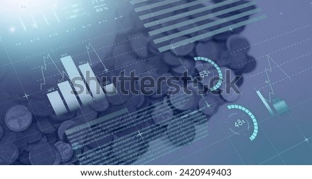 Image of financial data processing over coins. Global business, finances, computing and data processing concept digitally generated image.