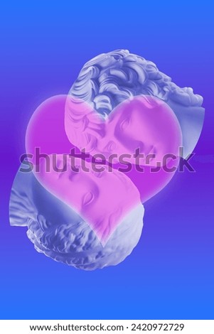 Valentine's day 14 february poster, banner, postcard, congratulations, zine with antique bust face, heart in cute design. Romantic relationship, love at first sight concept. Creative artwork collage. Royalty-Free Stock Photo #2420972729