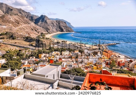 Tenerife, Spain - December 25, 2023: Aerial views of the town of San Andres and the beaches of Playa de las Teresitas on the island of Tenerife in Spain's Canary Islands
 Royalty-Free Stock Photo #2420976825