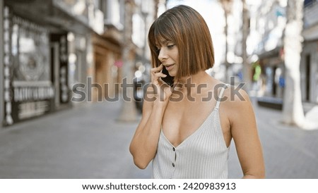 Stunning young hispanic woman holding a serious, focused, conversation on her smartphone while standing coolly on a sun-soaked city street. Royalty-Free Stock Photo #2420983913