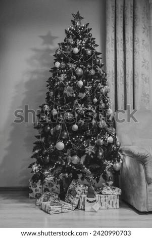 Black and white picture of a christmas tree