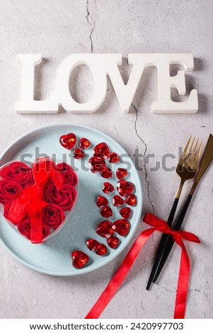 Valentine's Day, festive table setting with hearts. February 14th greeting card
