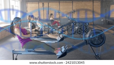 Image of dna strands over diverse women training on rowing machines at gym. Fitness, exercise, strength, data, genetics and technology digitally generated image.