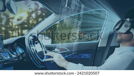 Image of rising number of followers with man in vr headset using self driving car. communication technology digital interface concept, digitally generated image.
