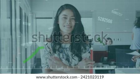 Image of interface with data and smiling businesswoman and colleagues working in office. global communication digital interface concept, digitally generated image. and