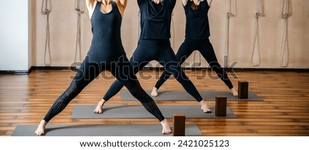 Group of women practicing yoga stretching using wooden blocks, exercise for spine and shoulders flexibility
