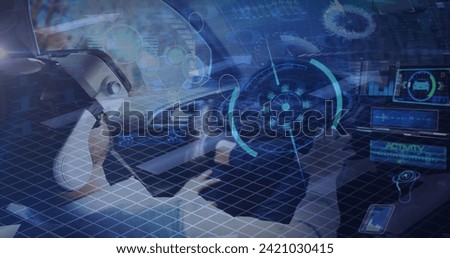 Image of connected icons and displays with man in vr headset using self driving car. communication technology digital interface concept, digitally generated image.
