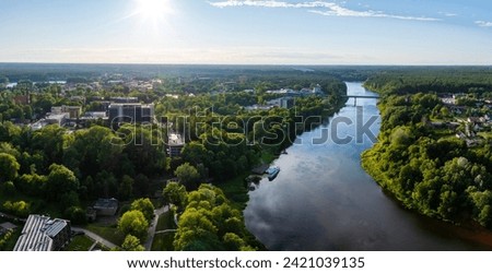 Aerial panoramic view of Lithuanian resort Druskininkai. Druskininkai in autumn colours, drone picture of multi coloured trees in most beautiful city of Druskininkai in Lithuania Royalty-Free Stock Photo #2421039135