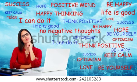 Positive thinking young woman. Success and happiness background.