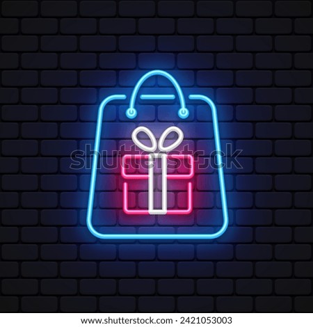 Gift neon on light background. Gift box. Happy Birthday concept. Outer glowing effect banner. Holiday celebration design on brick wall. Vector illustration