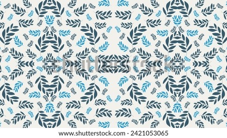 Seamless pattern with blue leaves on light blue background. Vector illustration.
