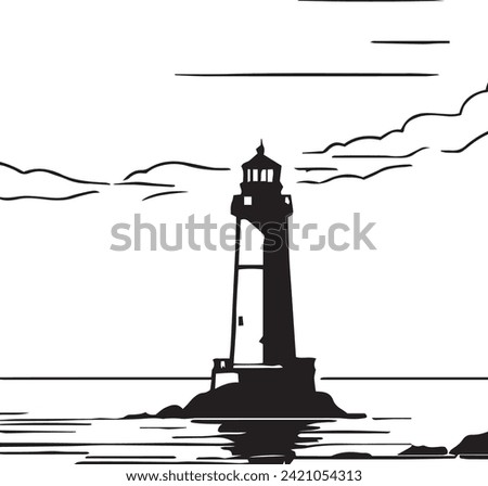 A lighthouse standing alone in the sea. Graphic illustration for coloring.