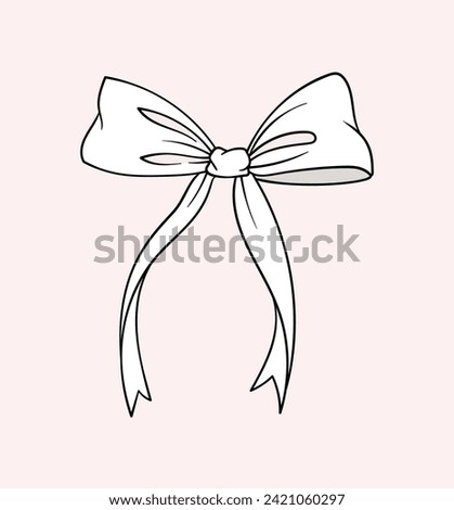 Linear white bow concept. Decoration for gift, present boxes and clothes. Minimalistic creativity and art. Template and layout. Outline flat vector illustration isolated on pink background