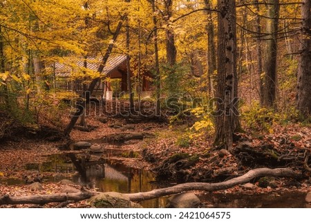 A shelter along a stream at Shale Hollow Park in Delaware Ohio in late autumn.  Royalty-Free Stock Photo #2421064575