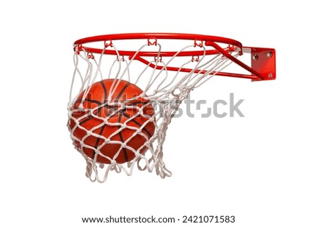 Basketball falling into the net on a hoop isolated on a white background Royalty-Free Stock Photo #2421071583