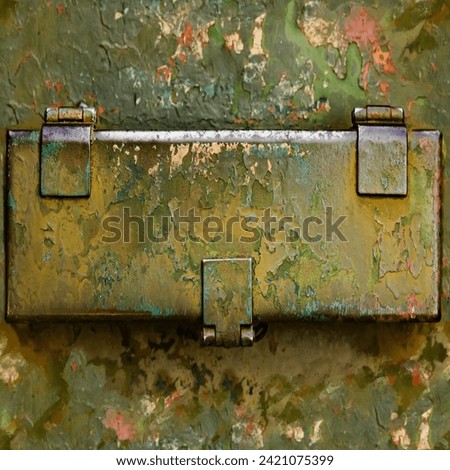 Seamless texture photo of rusty and worn green painted armored vehicle surface with plate.