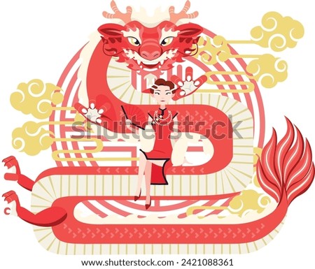 Illustration woman with Chinese dragon