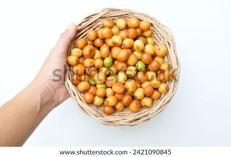 man hand holding several small jujube (Ziziphus mauritiana Lam) ,jujube, Chinese jujube ,Indian jujube.are placed
in a wicker basket.  Royalty-Free Stock Photo #2421090845