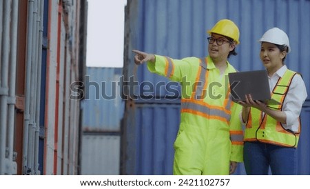 container transport Container yard management Businessman and container yard manager agree to work together in successful import-export business.