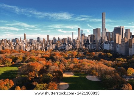 Autumn Fall. Autumnal Central Park NY view from drone. Aerial of New York City Manhattan Central Park panorama in Autumn. Autumn in Central Park. Autumn NYC. Central Park Fall Colors of foliage. Royalty-Free Stock Photo #2421108813