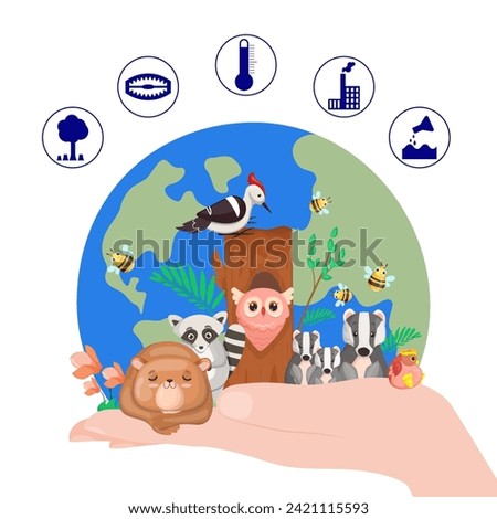 Hand holding planet with  birds and animals vector illustration. Deforestation, plant emissions, temperature changes icons. Destruction of animal and bird species, biodiversity crisis concept