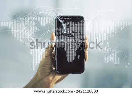 Double exposure of abstract digital world map with connections and hand with cell phone on background, research and strategy concept