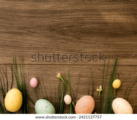 Easter flat lay photography showcasing eggs and grass