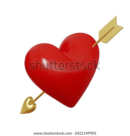 3D red glossy heart with golden arrow. Symbol of love. Valentines day card. Realistic 3d isolated on white background. Vector illustration