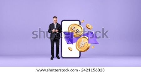 Businessman standing near large smartphone blank display, gold dollar and yen or yuan coins with purple arrow. Concept of online banking, money exchange and conversion