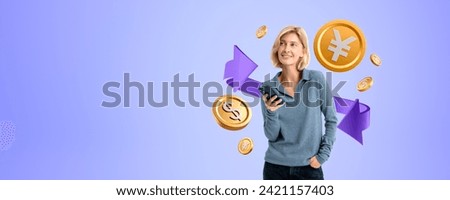 Smiling woman with smartphone, gold dollar and yen or yun coins with purple arrow on empty copy space background. Concept of forex trading, money exchange, transaction and transfer Royalty-Free Stock Photo #2421157403