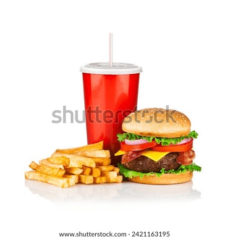 Best photography of fries and burger with cold drink