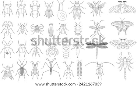 Specimen style line drawing insect icon set