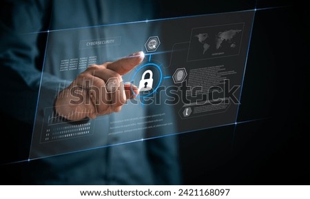 Hand touch virtual screen with an interactive cybersecurity interface featuring a padlock symbol, digital protection methods. Royalty-Free Stock Photo #2421168097