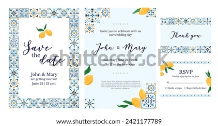 Save the date designs with ceramic tiles pattern and sicilian lemons with leaves. Ceramic majolica border, invitation template with patchwork. RVSP card with portuguese ornate. Vector illustration. Royalty-Free Stock Photo #2421177789