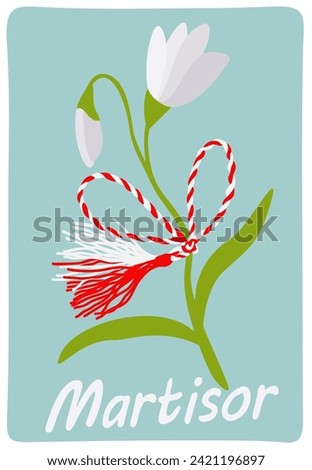 Martisor. Match 1. Martenitsa sign on blooming lily of the valley.