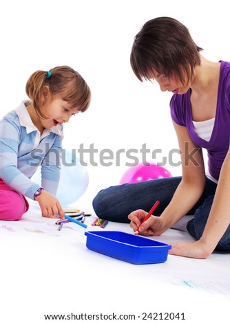 young mother and her daughter painting