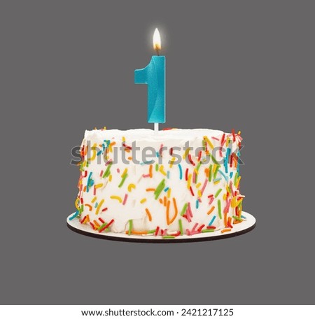 1 shaped candle light on happy birthday cake isolated on white background