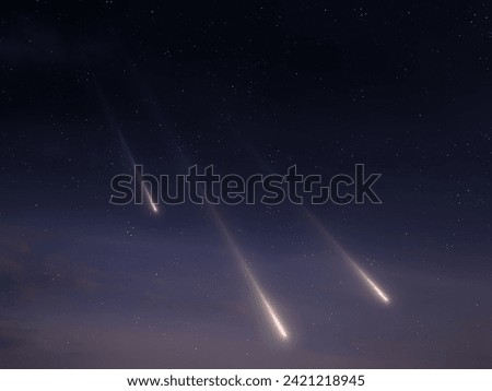 Meteorites fly in the sky against the background of stars. Beautiful meteors in the atmosphere. Fireballs in the night sky.