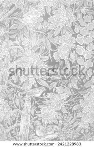 Watercolor seamless pattern with couple birds, butterfly, branches, leaves and flowers.Monochrome black and white Vintage natural wild background for design.Fashion print abstract texture.Vertical.