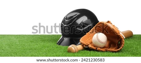Baseball bat, ball, batting helmet and glove on artificial grass against white background, space for text
